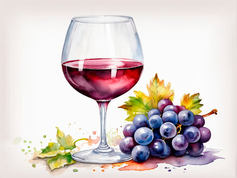 A glass of red wine with some grapes. Illustration in watercolor style