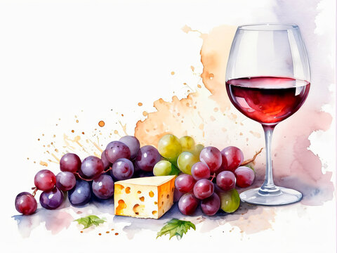 A glass of red wine with some grapes and a piece of cheese. Illustration in watercolor style with abstract splashes and free empty space for custom text