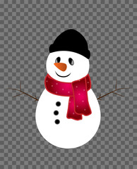 Snowman in a hat and snowflakes. White snowman with a red scarf and hat. Vector illustration EPS10.