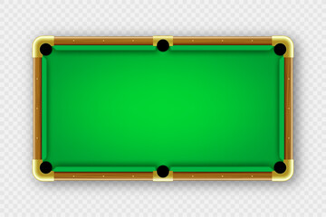 Green billiards table, top view. Snooker or pool sports equipment, recreation and hobby, competitive game. Vector illustration