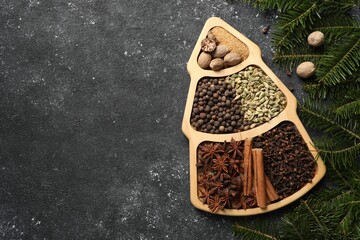 Different spices, nuts and fir branches on dark gray textured table, flat lay. Space for text