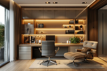 A home office with a custom-built desk, tailored to specific work needs and style preferences. Concept of personalized and bespoke home office designs. Generative Ai. - obrazy, fototapety, plakaty