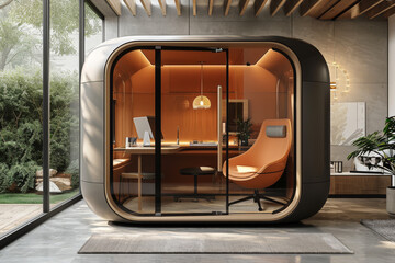 A soundproof home office pod, offering a secluded and tranquil work area within the home. Concept...