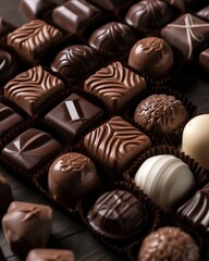 Assorted different Chocolate bon bons with different filling. Side view. Macro shot of sweets for decoration of store, coffee shop or cafe