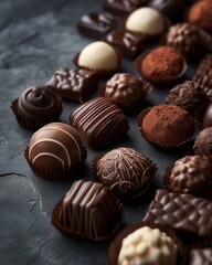 Assorted different Chocolate bon bons with different filling. Side view. Macro shot of sweets for decoration of store, coffee shop or cafe