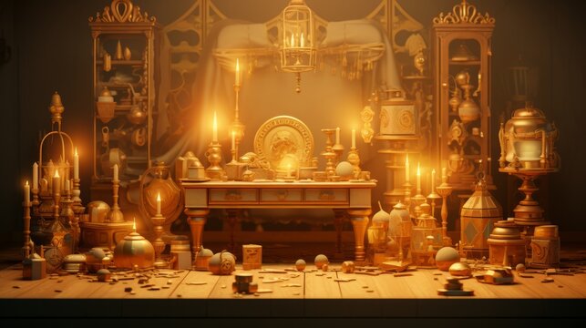 art image of a room full of gold coins, treasures and chalices