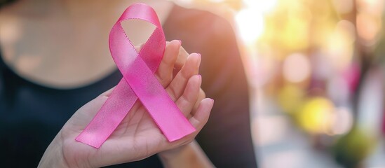 Woman hand holding a pink ribbon for breast cancer awareness on blur background. Generated AI image
