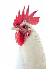 White rooster, side portrait of an adult rooster isolated on white background. A beautiful white rooster with a red crest.