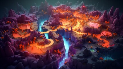 Fototapeta premium tiny cute isometric art image of a map full of caves with many branches and canyons full of lava