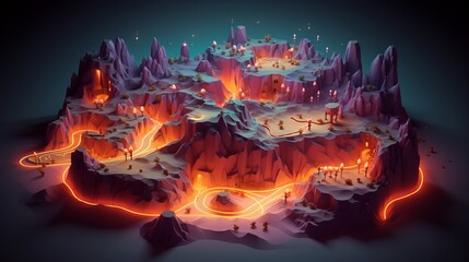 tiny cute isometric art image of a map full of caves with many branches and canyons full of lava