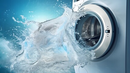 Washing machine drum with clean water flow and splashes. Laundry, washing powder concept. - obrazy, fototapety, plakaty