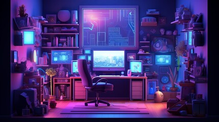 Tiny cute isometric art image of a room with many displays and computers