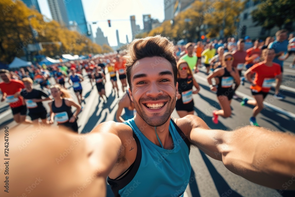 Sticker young happy marathon runner is taking selfie during a marathon run