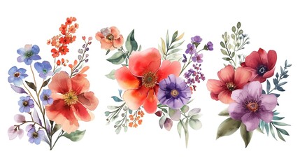 Beautiful bunch flowers set watercolor design, generative ai, 