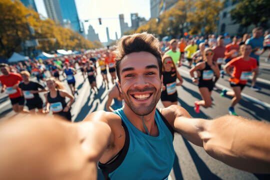 Young happy marathon runner is taking selfie during a marathon run
