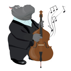 Set of funny musical bands of animals in cartoon style. Vector illustration funny hippopotamus playing musical instruments: double bass isolated on white background.
