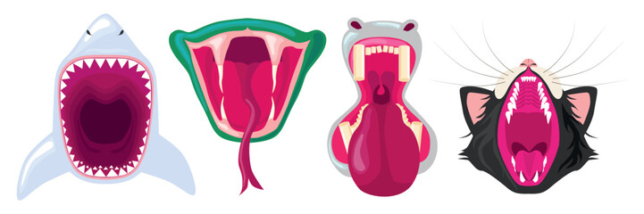 Set of colored animal jaws in cartoon style. Vector illustration of jaws of various animals with tongues, fangs, claws: shark, snake, hippopotamus, cat isolated on white background.