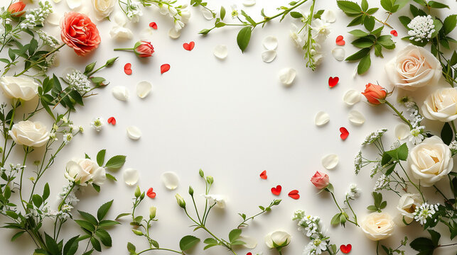 Flower Cards With Frame Made Of White Flowers And Green Petals With Hint Of Red Hearts, Happy Valentines Day, Mothers Day, Wedding Cards On White Background