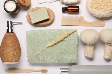 Fototapeta na wymiar Bath accessories. Different personal care products and dry spikelet on white background, flat lay