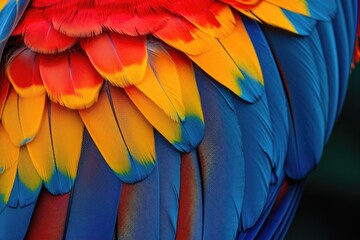 Scarlet macaw feathers in vibrant red yellow orange and blue shades complement an exotic nature backdrop with texture