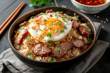 Image of precooked meat and egg fried rice for Asian cuisine cooking