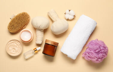 Fototapeta na wymiar Bath accessories. Flat lay composition with personal care products on beige background
