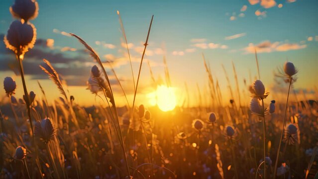 Grass field flower on sunset sky in golden hour.