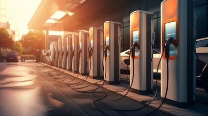 Modern fast electric vehicle chargers for charging car in park