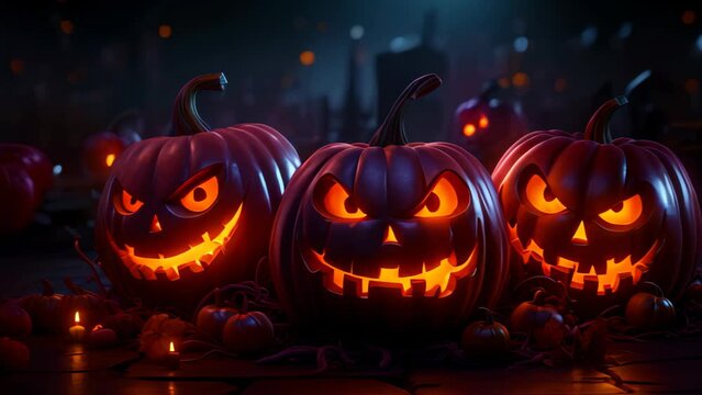 3d Halloween pumpkins and spooky castle neon light style background.