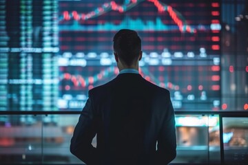 A sharply dressed man stands in front of a towering building, his suit immaculate as he studies a stock chart on his phone's bright screen, determined to make the right financial move