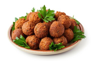 Fried falafel balls and parsley on white