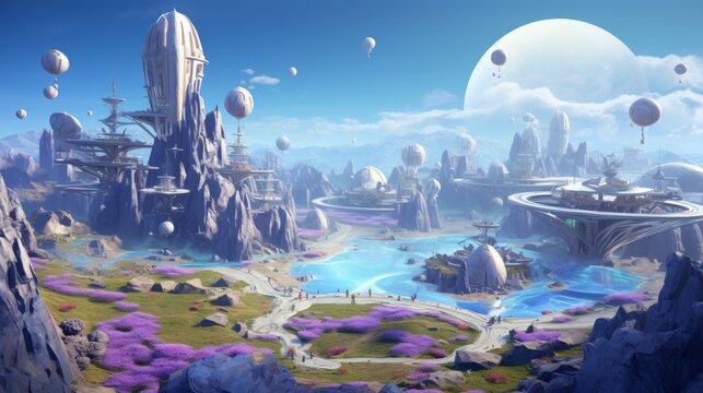 cute 3d starbase isometric on a beautiful planet