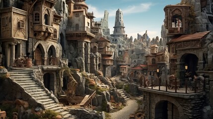 street view of a city made entirely out of stone - obrazy, fototapety, plakaty