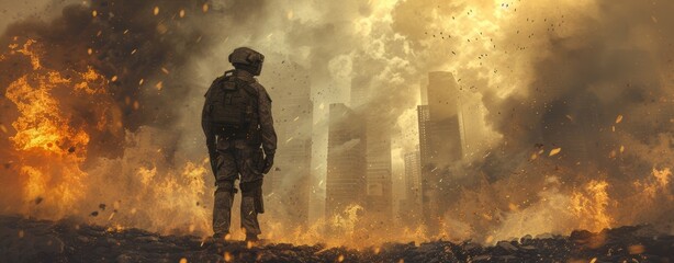 Amidst the chaos of a city explosion, a brave firefighter stands tall in his military uniform, battling the fire and smoke that threatens to engulf the polluted streets and bring heat to its inhabita