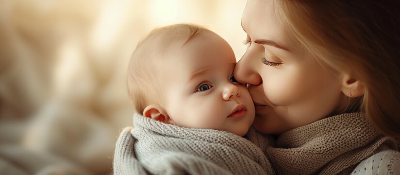 Beautiful young mother hug her a cute newborn baby. Generated AI image
