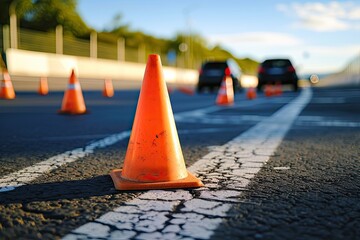 Test track at the driving school emphasizing traffic cone placement