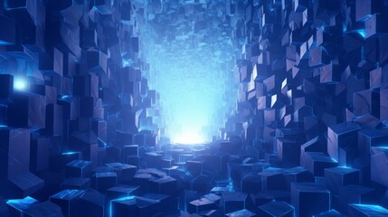 blue glowing giant iridescent blue tufa pyrite crystal cave grottes made of cubes and squares - obrazy, fototapety, plakaty