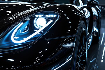 One LED headlight super car on black background with space on right for text