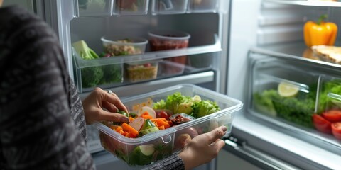 A woman is taking out a packed fruits and vegetables from the refrigerator