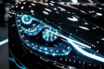 LED headlight detail on black background in modern car