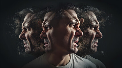 man with a mental disorder in despair, splitting heads, generative ai
