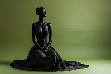 Black evening gown on female mannequin sitting against green background without brand names or copyright items