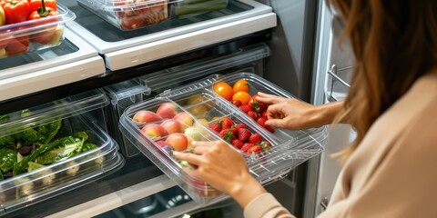 A woman is taking out a packed fruits and vegetables from the refrigerator - obrazy, fototapety, plakaty