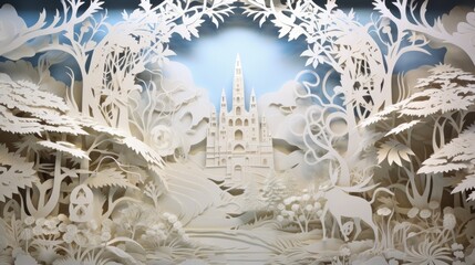 white paper cut art of a fairytale scene