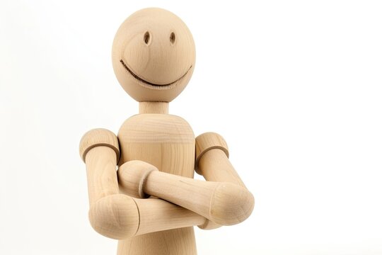 Wooden figure with crossed arms and smile isolated on white