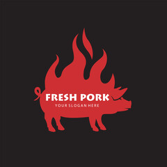 illustration of barbecue pig and fire isolated on black background