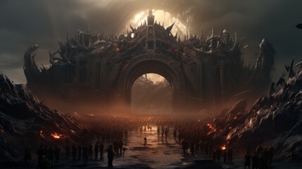 The gate to hell with a massive line of people in front of it and a horrifying landscape