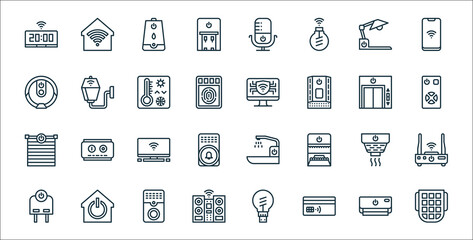 smarthome line icons. linear set. quality vector line set such as keypad, cit card, audio system, plug, smoke detector, smart tv, smarthome, computer, wall lamp. - obrazy, fototapety, plakaty