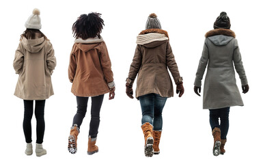 Collection of women wearing winter outfit back view full body shot over isolated transparent background