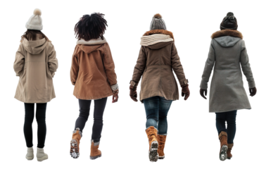 Collection of women wearing winter outfit back view full body shot over isolated transparent background